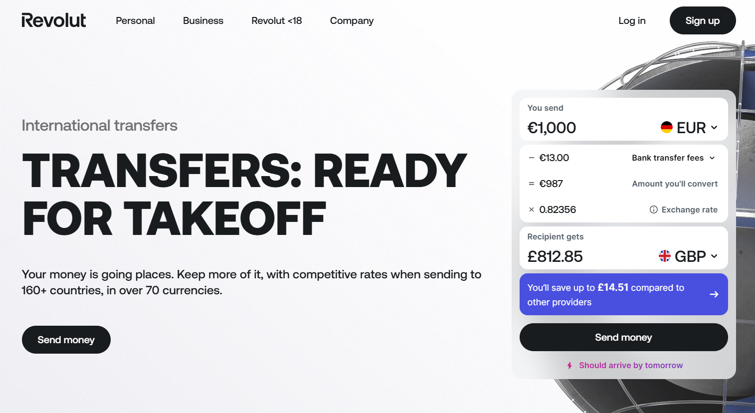 Screenshot of Revolut's international payments page