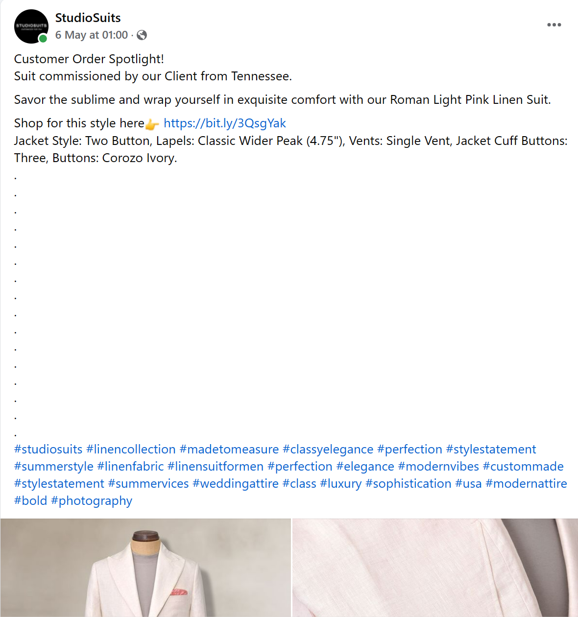 StudioSuits using hashtags in Facebook posts