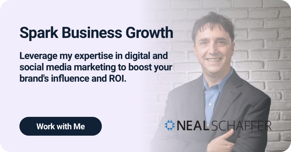 Professional business banner featuring a headshot of Neal Schaffer against a white brick wall background. Text reads 'Spark Business Growth' with subtitle 'Leverage my expertise in digital and social media marketing to boost your brand's influence and ROI.' Includes 'Work with Me' button and Neal Schaffer logo.
