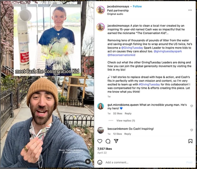 An Instagram post from @JacobSimonSays. The post is a paid partnership between Jacob and GivingTuesday, promoting GivingTuesday Spark Leader Cash the Conservation Kid. 