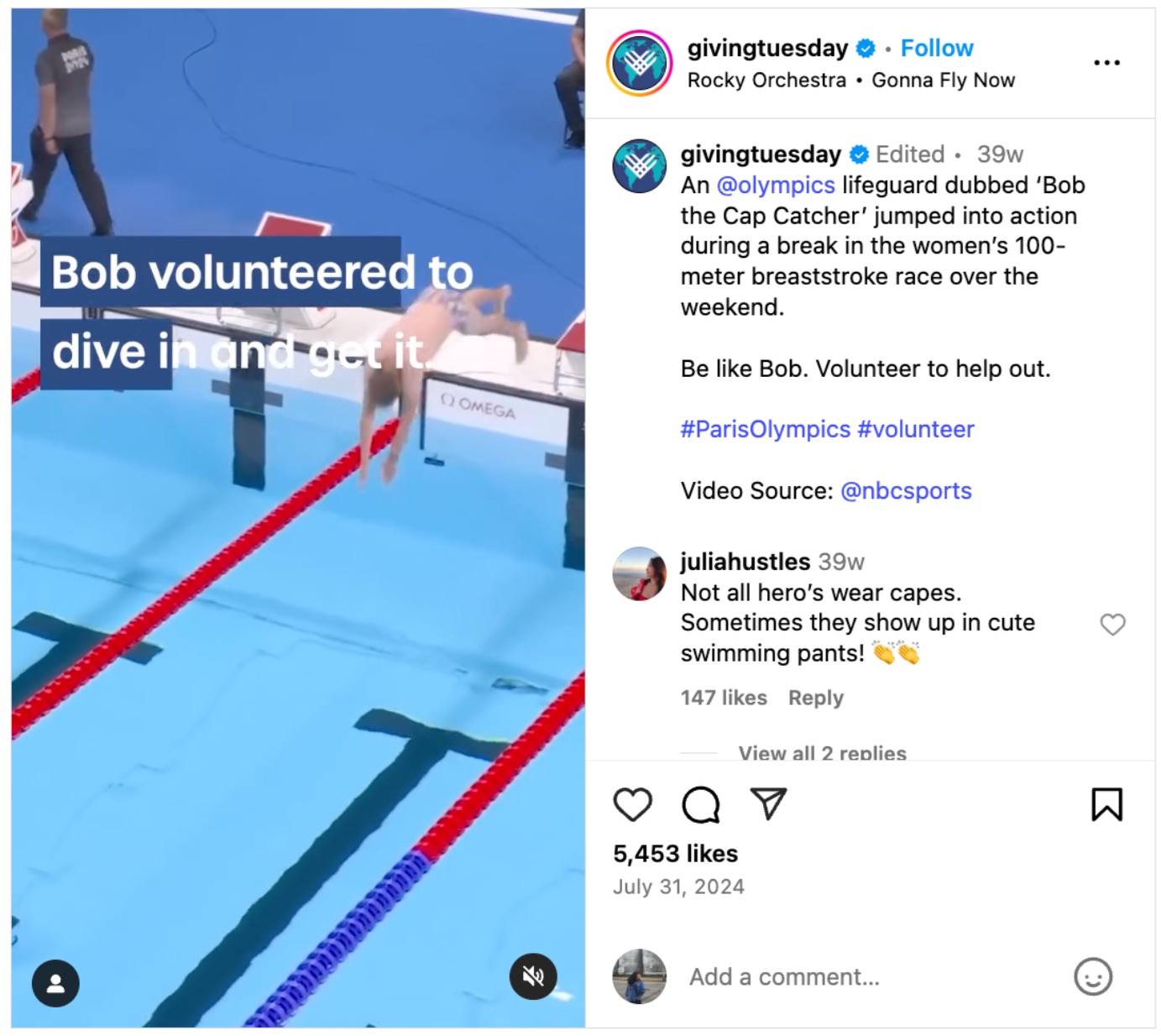 An Instagram post from GivingTuesday highlighting a volunteer at the 2024 Summer Olympics. 