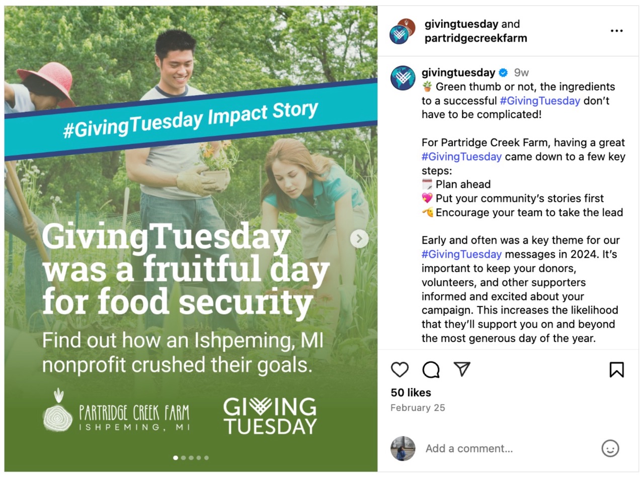 An Instagram post from GivingTuesday promoting Partridge Creek Farm's GivingTuesday story. 