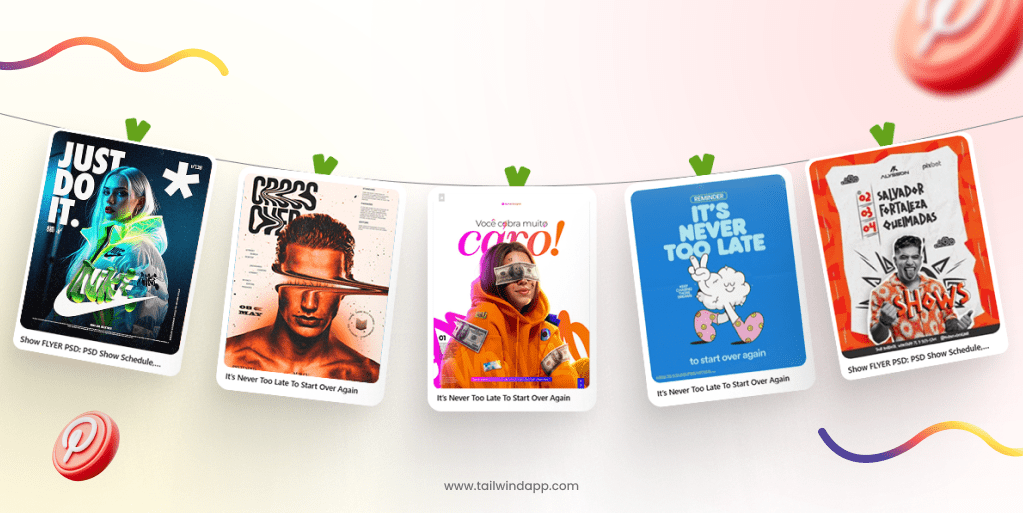 A variety of colorful Pinterest Ads displayed on a light pink and yellow gradient background with multicolored swirls, Pinterest logos, and the Tailwind url (www.tailwindapp.com).