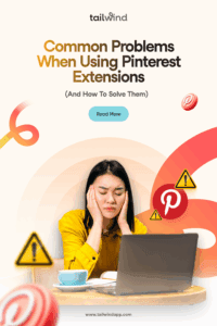 Frustrated person with closed eyes holding head, sitting at a laptop surrounded by Pinterest logos and caution symbols.