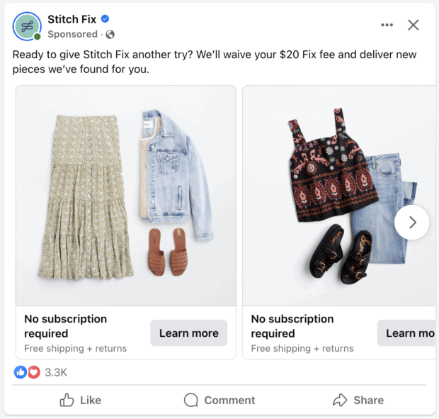 Clothing subscription brand Stitch Fix sponsored ad