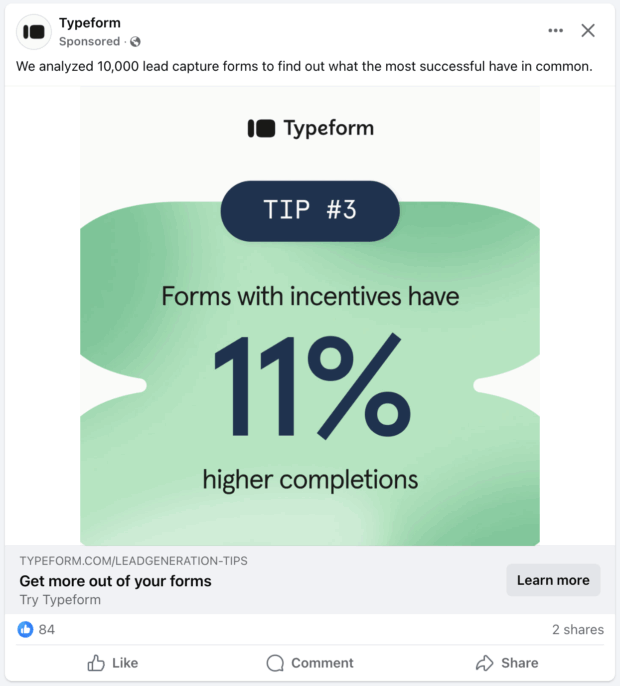 Facebook ad sponsored Typeform
