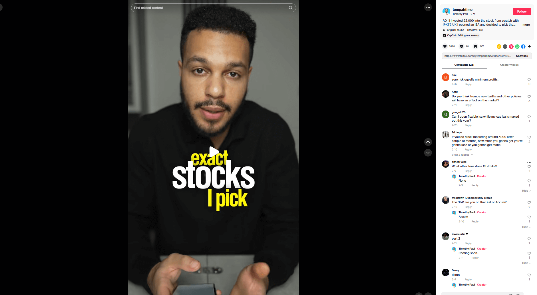 Timothy Paul explains what stocks he picked as part of a £2,000 investment in a TikTok video. 