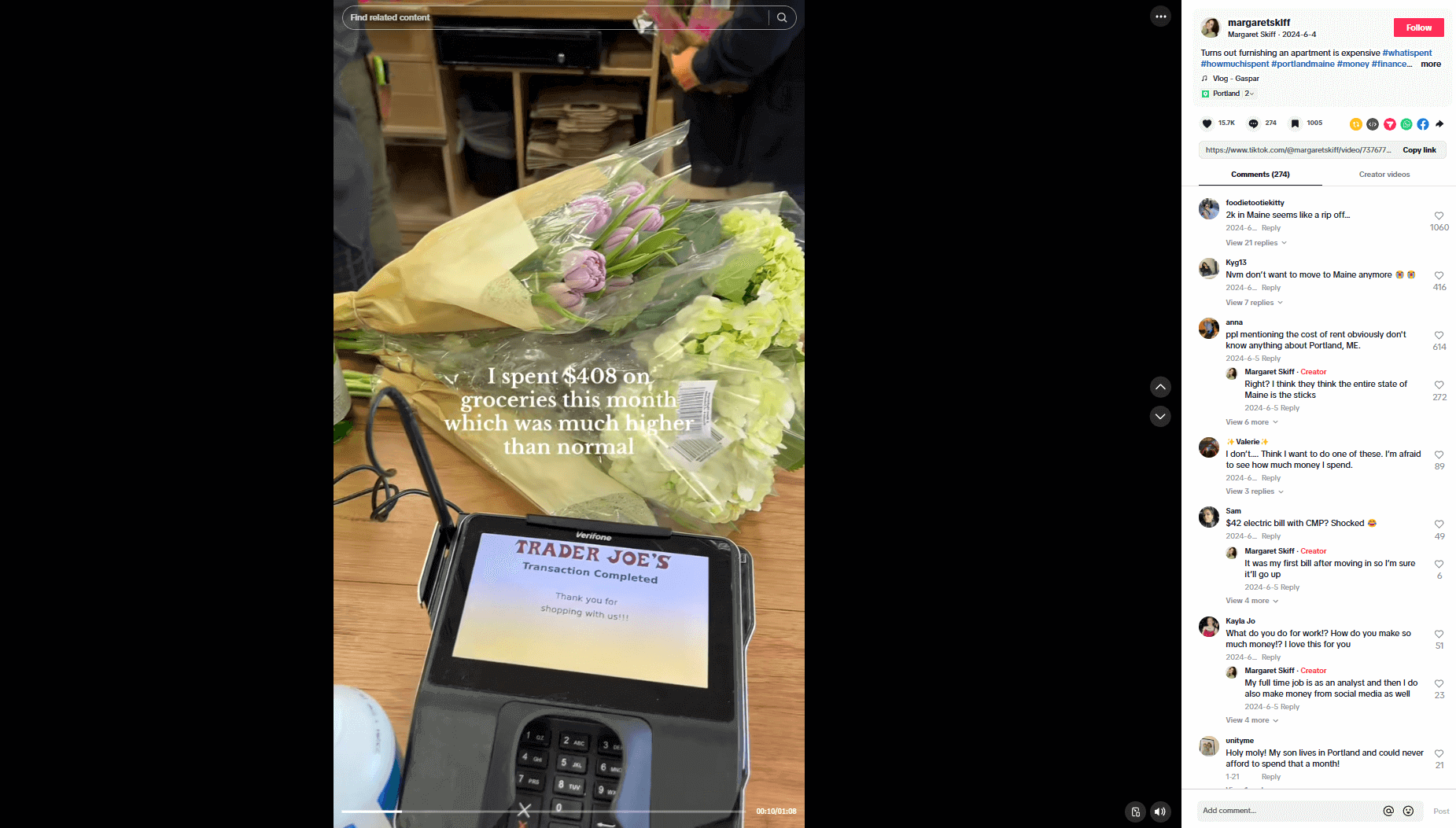 A TikTok user’s video on her monthly bills, showing purchases from Trader Joes. 