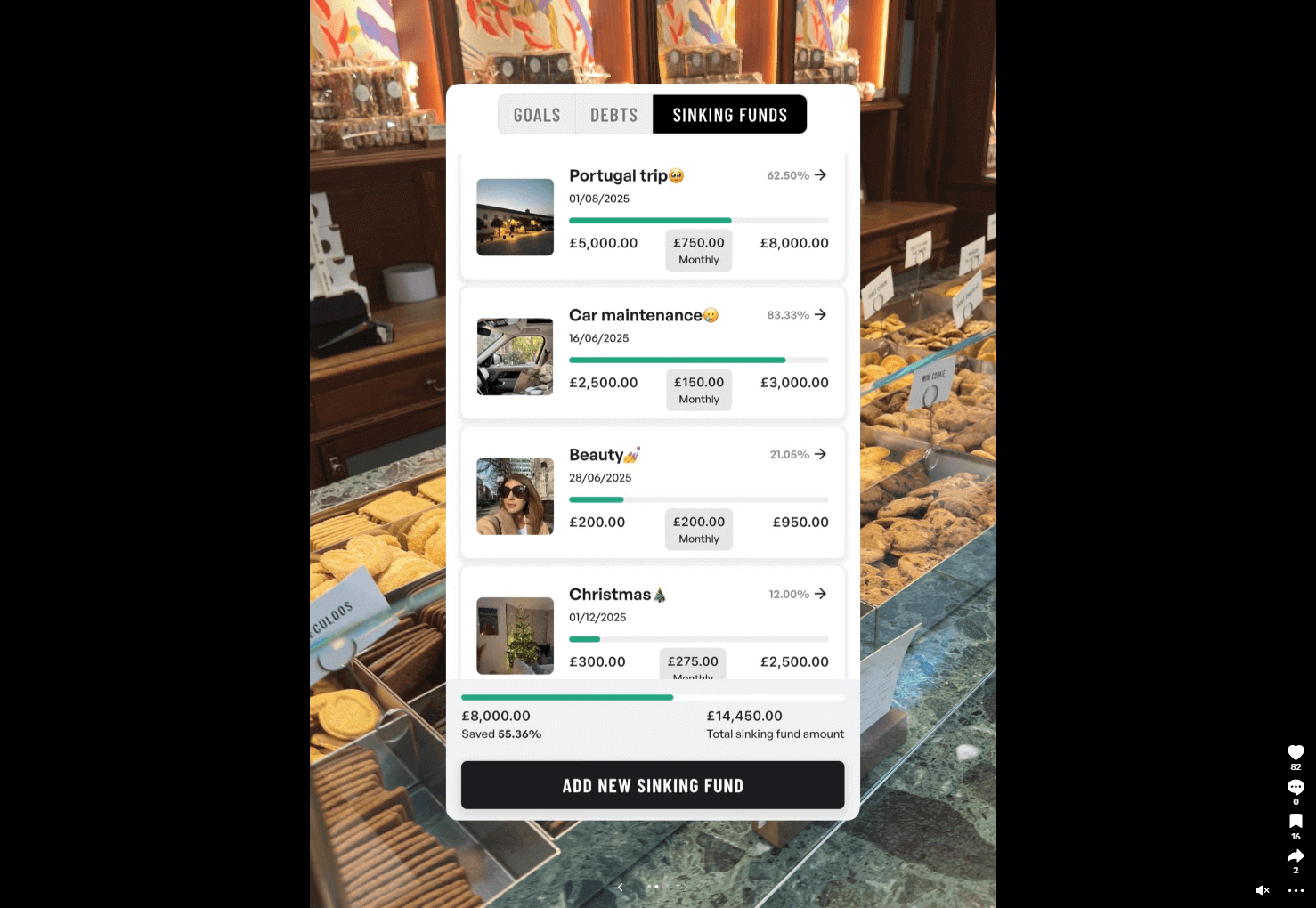 A TikTok video showing Financielle’s Sinking Funds feature. 