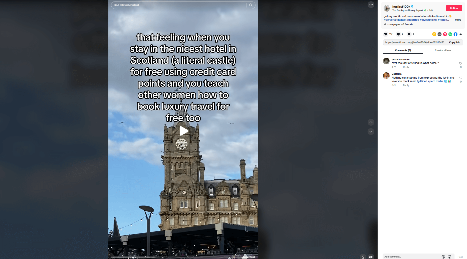 One of Tori Dunlap’s TikToks about staying at a luxury hotel in Scotland for free thanks to credit card points.  