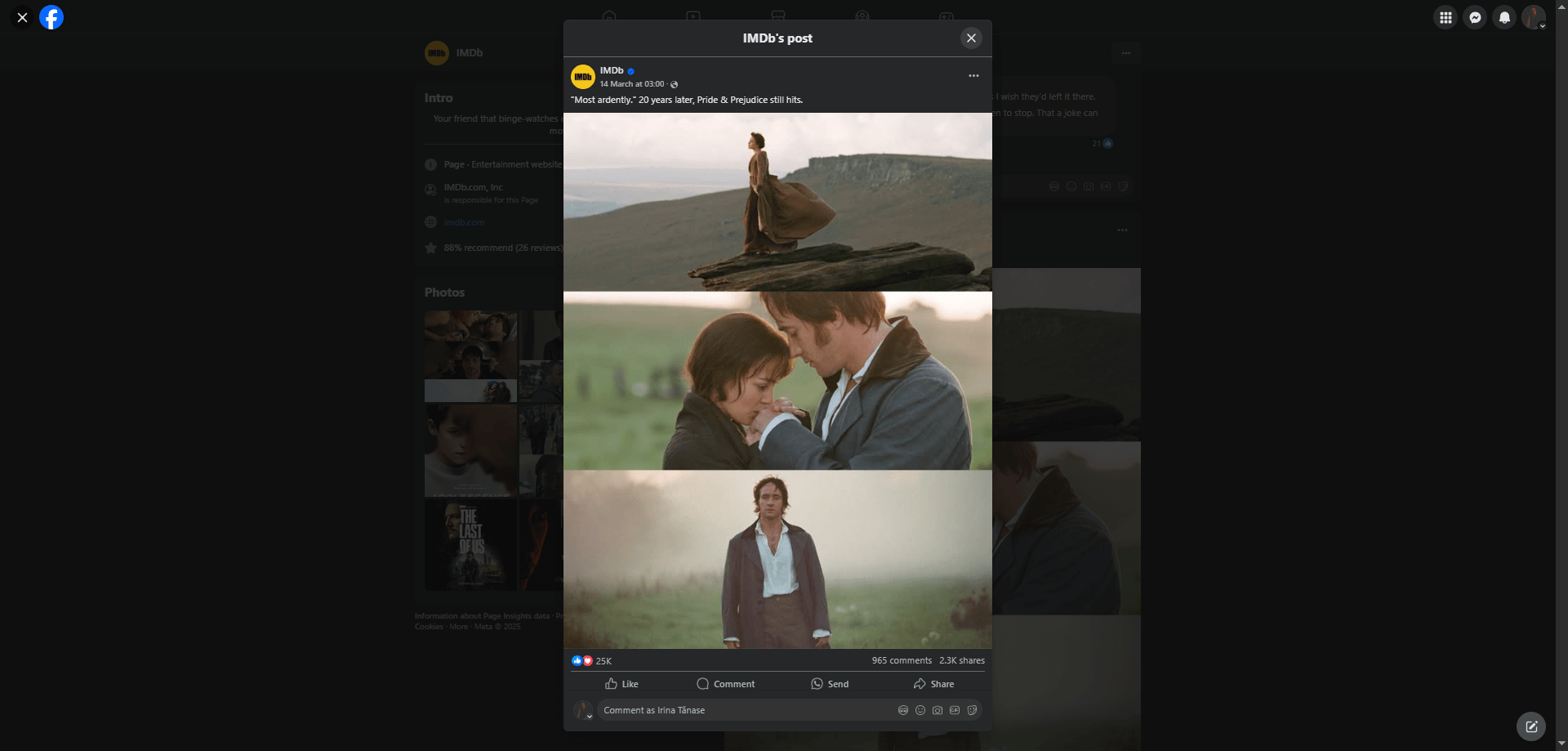 IMDb Facebook post featuring Pride & Prejudice scenes with share, comment, and like buttons visible