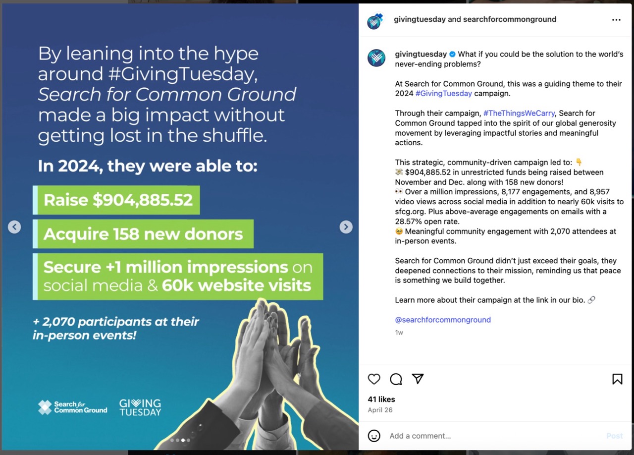 An Instagram post from GivingTuesday promoting Search for Common Ground's GivingTuesday campaign. 