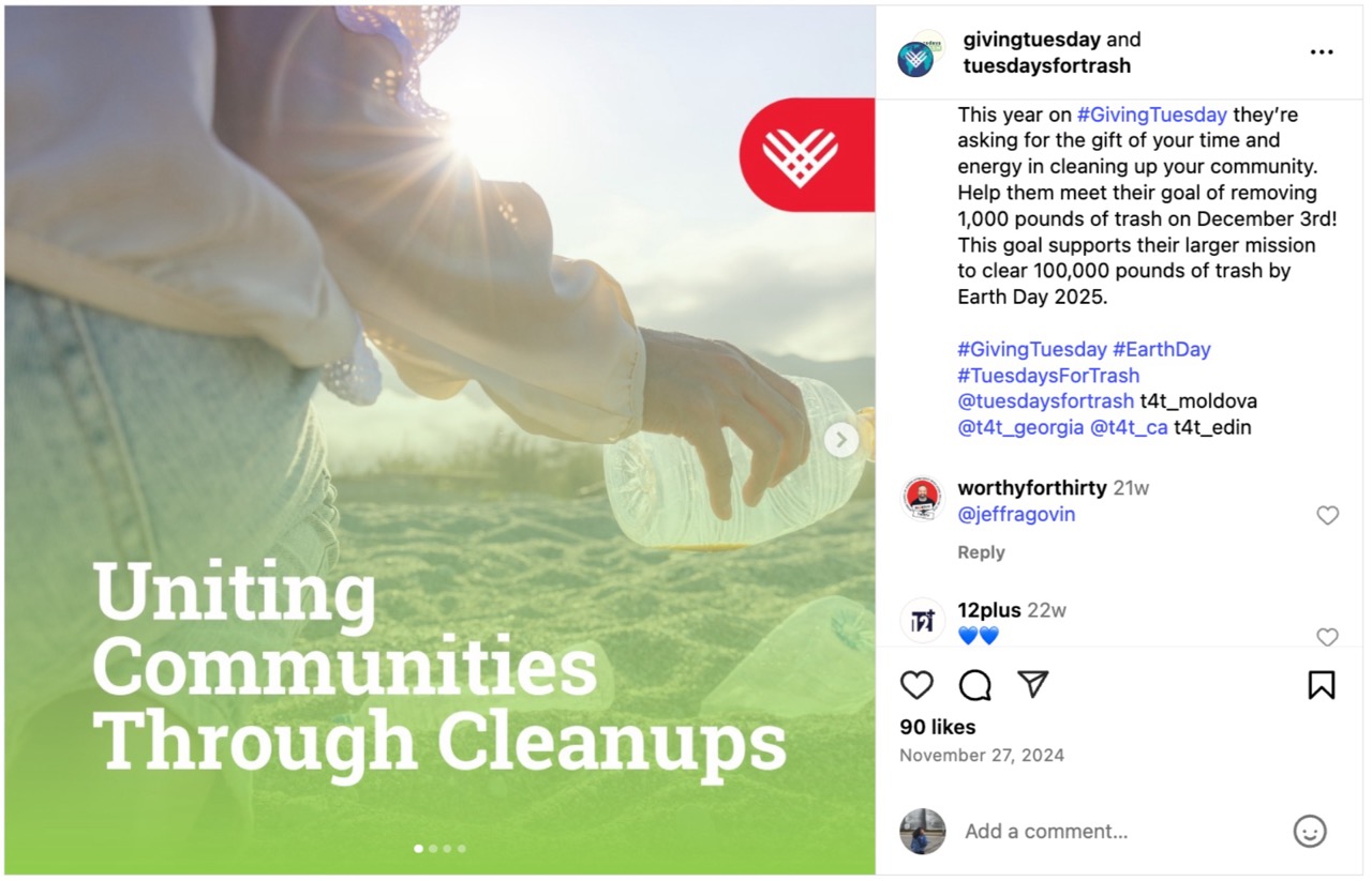 A GivingTuesday Instagram post promoting Tuesdays for Trash's GivingTuesday campaign. 