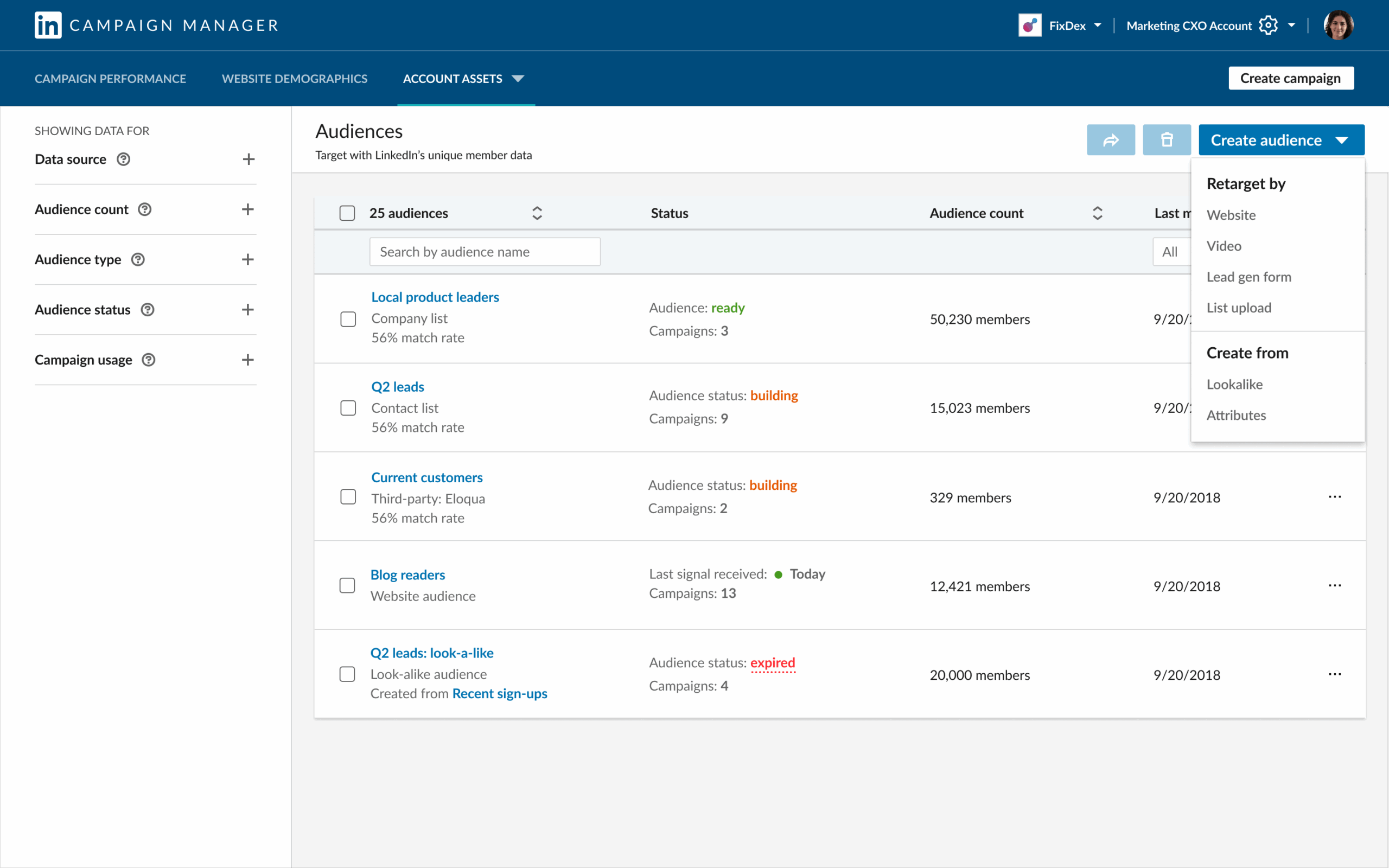 LinkedIn Campaign Manager showing a list of audiences and a drop-down menu showing the different retargeting options