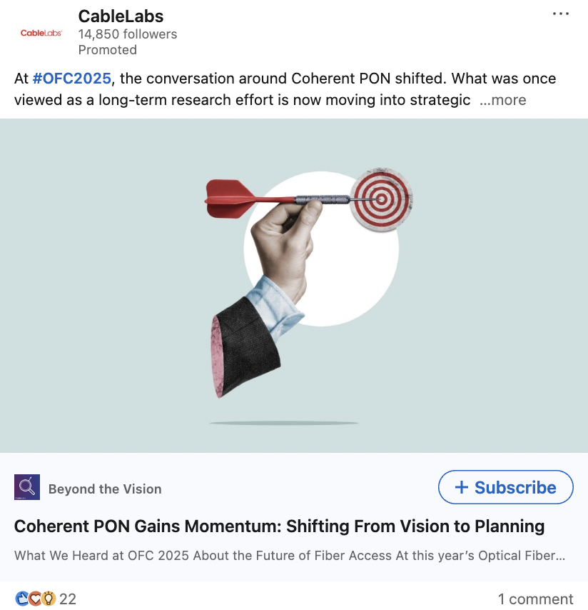 LinkedIn ad from CableLabs showing a hand holding a dart against a target as a preview for the article link and a "Subscribe" button