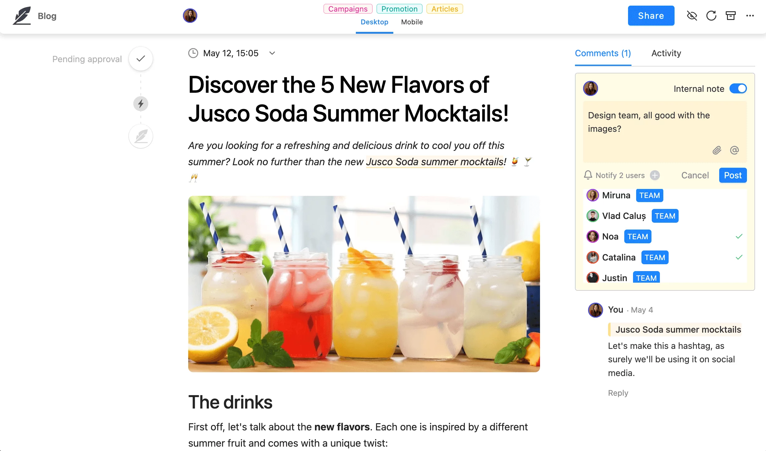 Pending approval blog post in Planable with annotations in article text, comments section and team collaboration on the right.