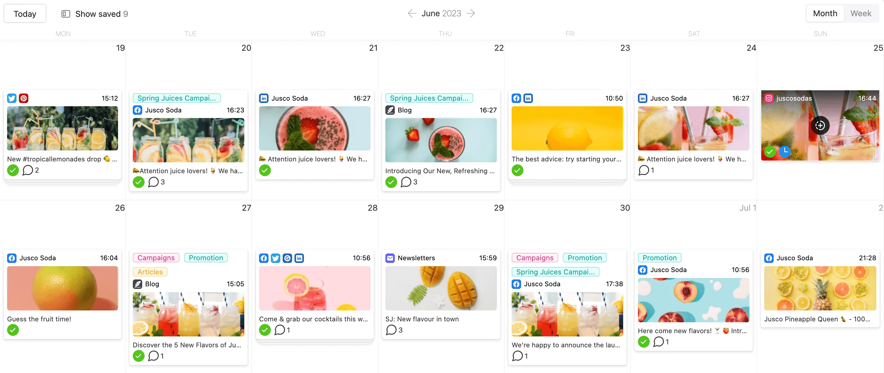 Calendar view in Planable software with color labeled posts for social media platforms, blog and newsletter.