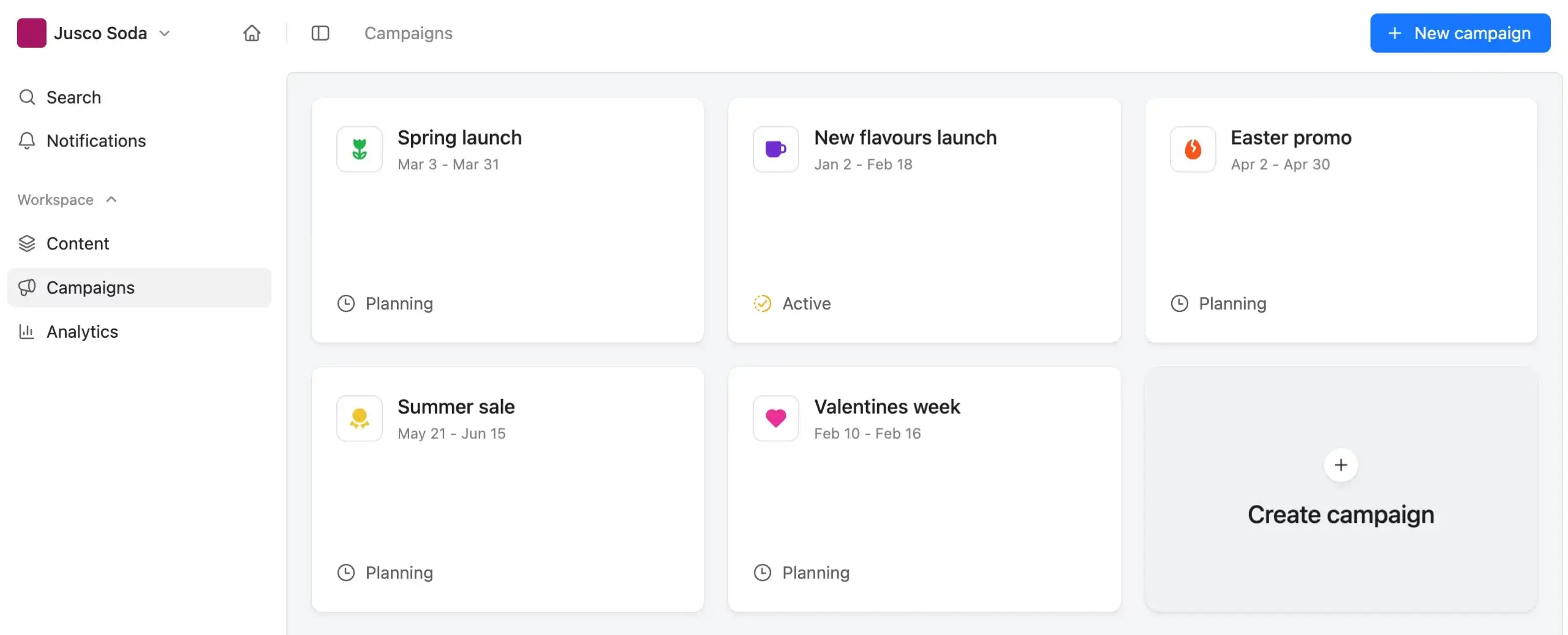 Planable dashboard showing campaigns feature with upcoming and active campaigns like Spring launch, Easter promo, and Summer sale.