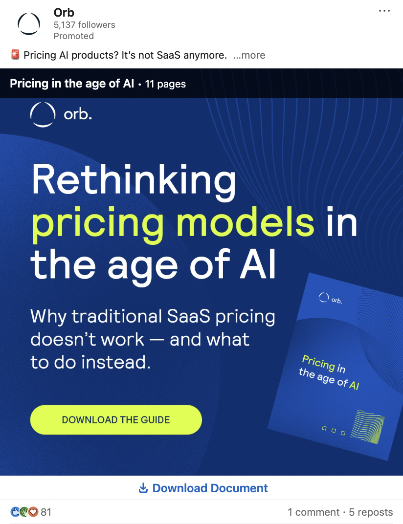 document ad from Orb with text that reads "Rethinking pricing models in the age of AI" and a CTA button to "download document"