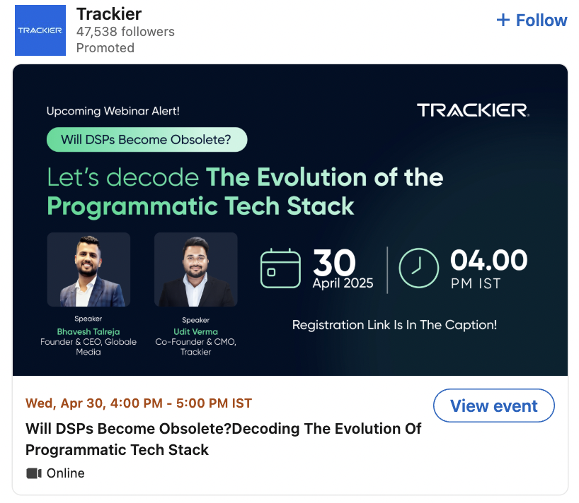event ad from Trackier showing an upcoming webinar with event times and dates and a CTA button that reads "View Event"