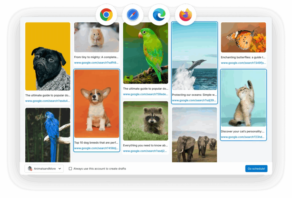A collage of Pinterest Pins featuring animal images including a pug, hamster, parrot, corgi puppy, butterfly, and raccoon, with a dolphin and elephants in nature. Along the top are four icons of different browsers: Chrome, Safari, Edge, and Firefox.