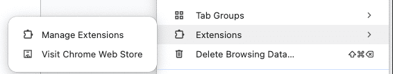 Dropdown menu in Chrome web browser displaying "Extensions" options, including "Manage Extensions" and "Visit Chrome Web Store."