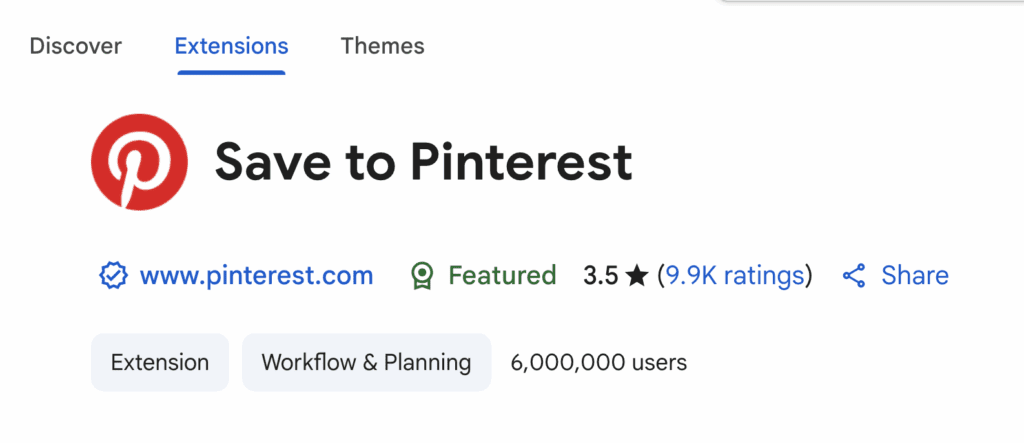Save to Pinterest browser extension listing. Rated 3.5 stars from 9.9K ratings, featuring 6 million users. Website link and share icon displayed.