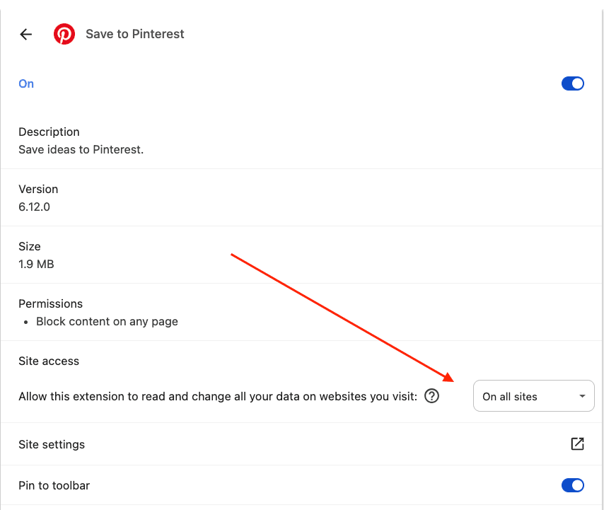 Settings page for the "Save to Pinterest" extension, showing version, size, and permissions. A red arrow points to "Allow on all sites."