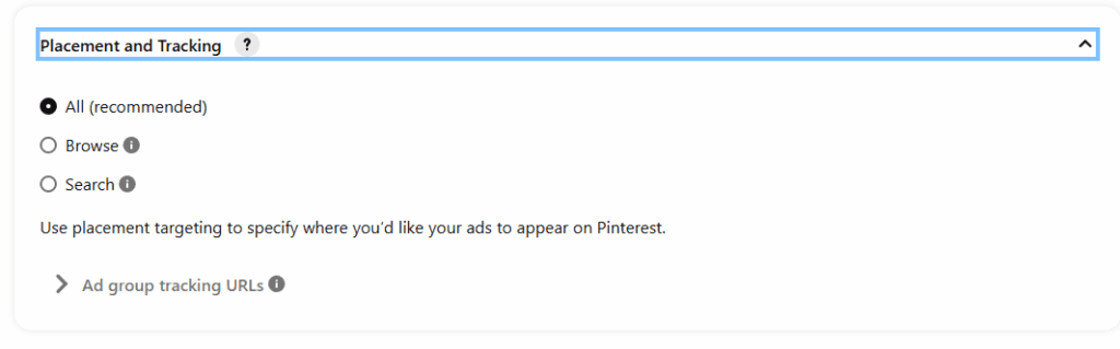 Dropdown menu for ad placement and tracking on Pinterest. Options include 'All', 'Browse', and 'Search', with 'All' selected by default.
