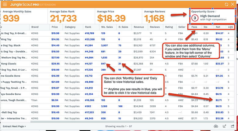 junglescout pro extension opportunity score and stats