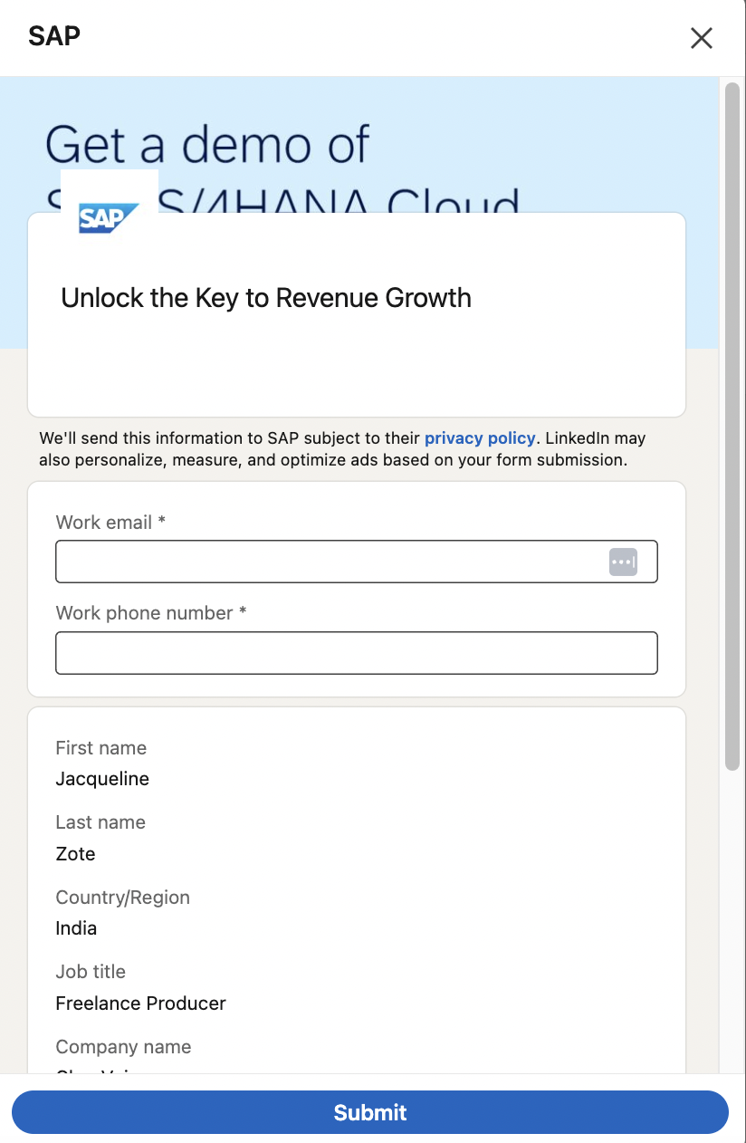 Lean gen form from SAP titled "Unlock the Key to Revenue Growth" and the name, last name, country/region and job title fields already filled out