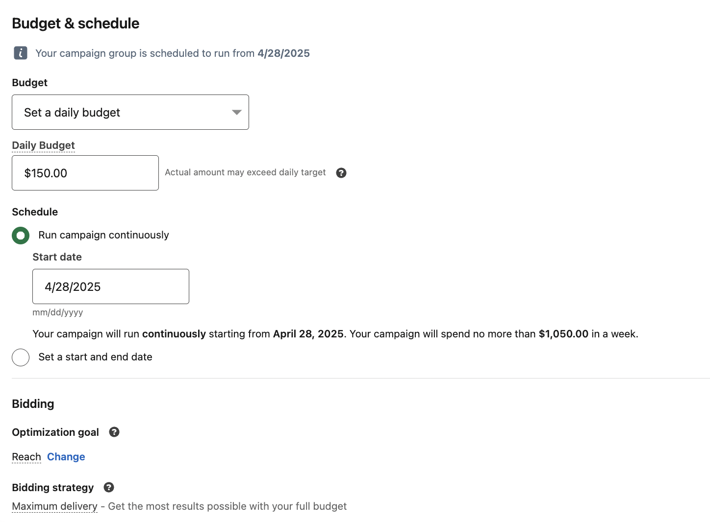 LinkedIn campaign setup page showing the "Budget & schedule" section with different fields for budget, daily budget and schedule