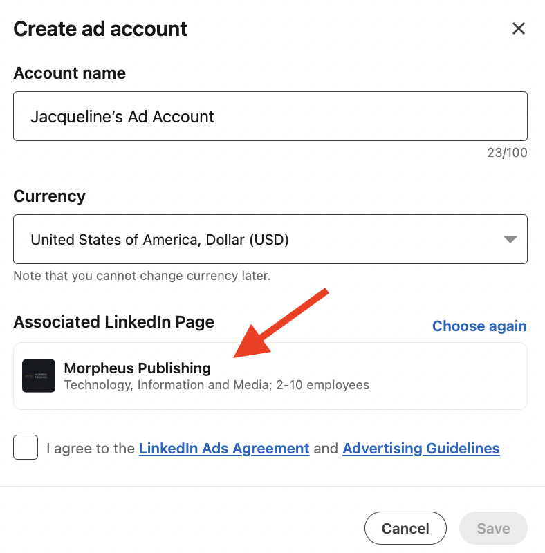 "create ad account" window in the LinkedIn Campaign Manager showing account name and currency and arrow pointing to the LinkedIn page under "Associate LinkedIn Page"