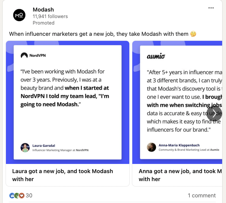 carousel ad from Modash showing testimonials from influencer marketers vouching for the platform