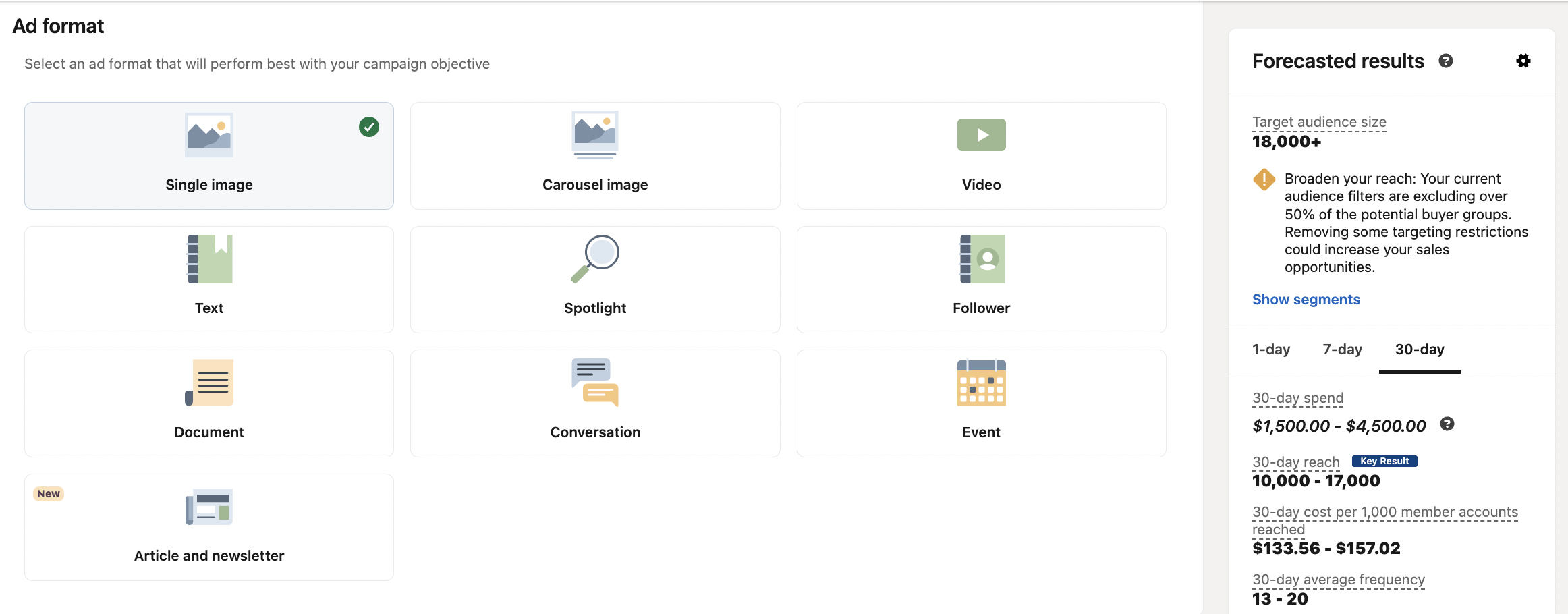 LinkedIn campaign setup page showing the different ad format options