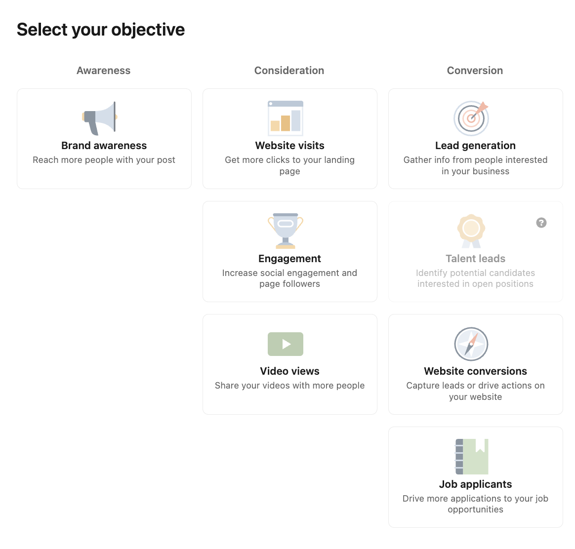 LinkedIn ad campaign creation window showing the option to "select your objective" and 8 different objectives
