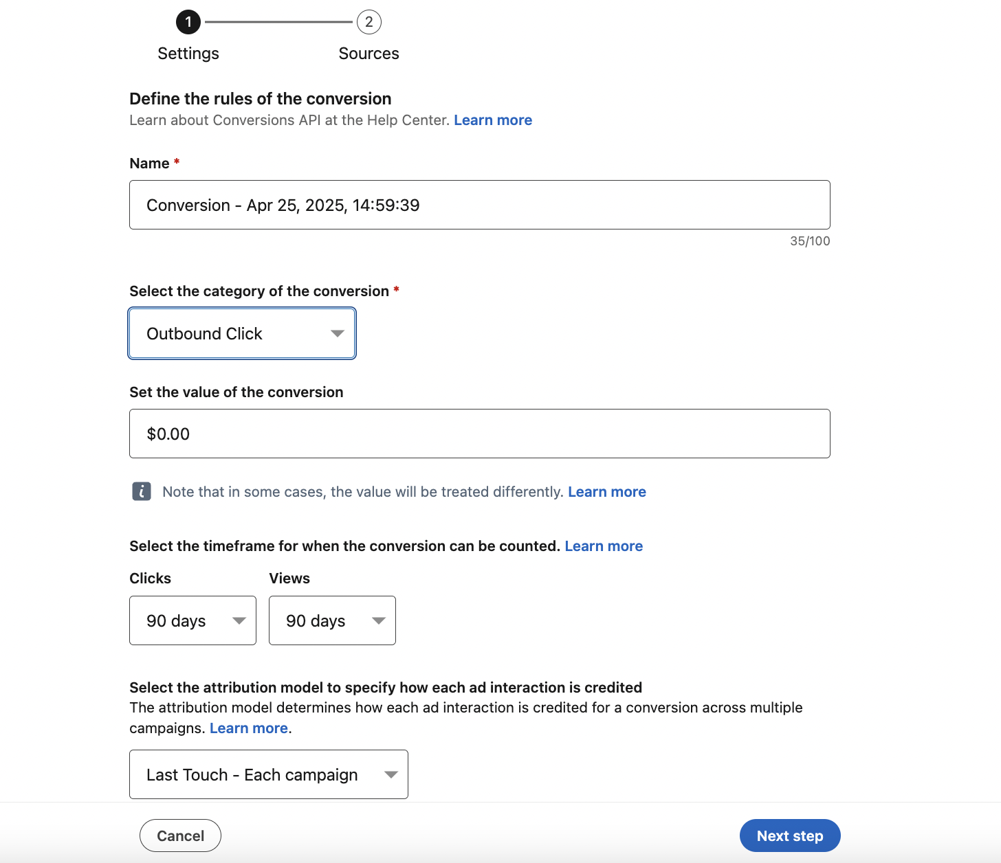 LinkedIn campaign setup page showing the option to define the rules of the conversion with different fields for name, category, value, timeline and attribution model