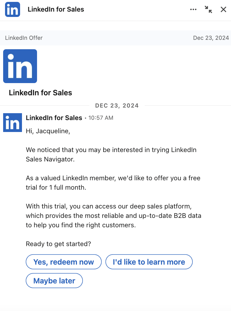 sponsored messaging from LinkedIn promoting the LinkedIn Sales Navigator and offering three buttons with options on next steps