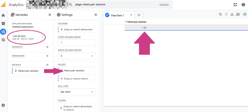 screenshot explore views per session | Most Important Google Analytics Metrics for Bloggers and Content Creators