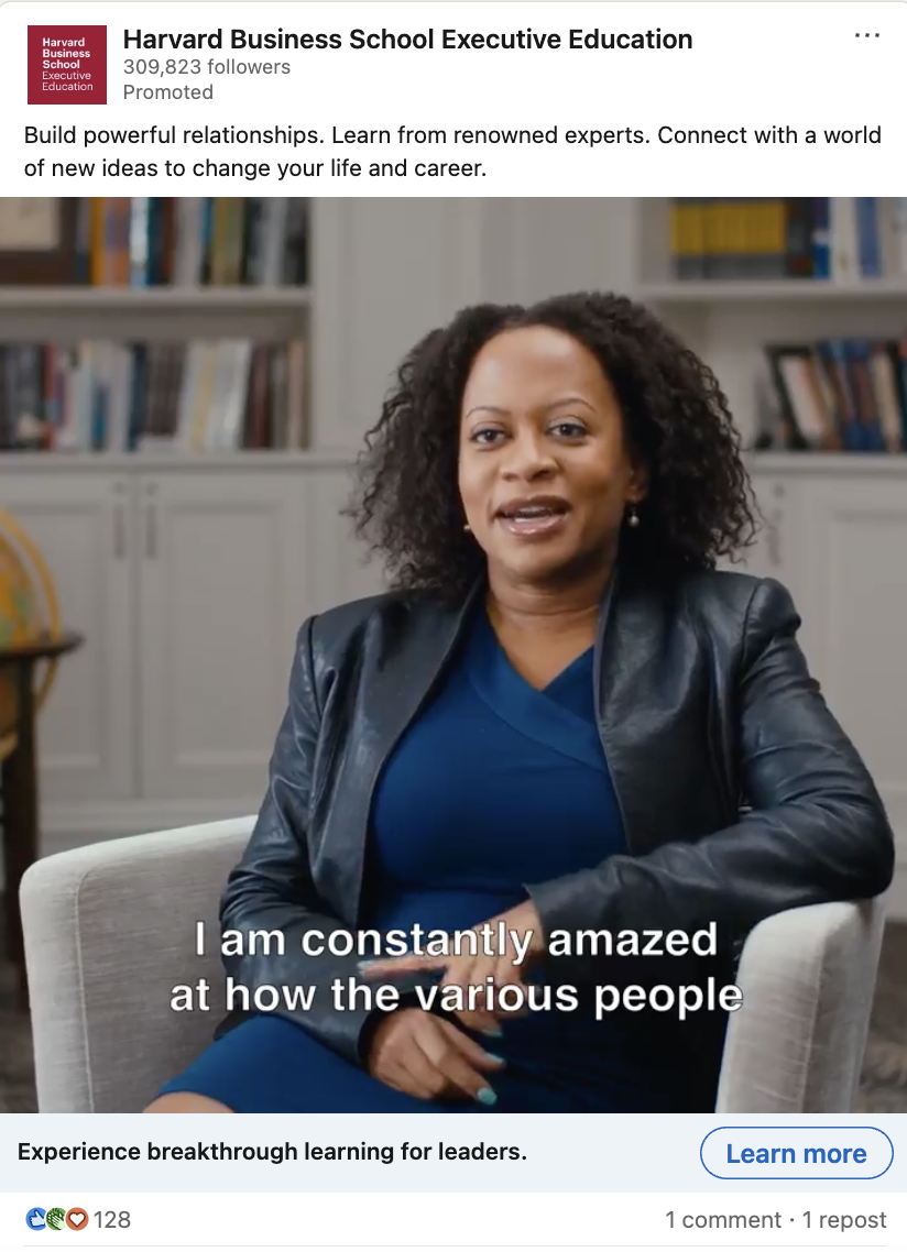 still from a video ad by Harvard Business School Executive Education showing a woman sitting in a chair and speaking to the camera 